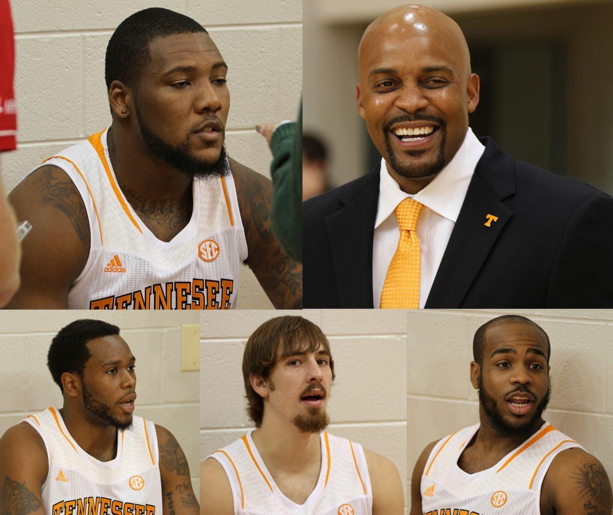Skylar Mcbee, Jeronne Maymon, Kenny Hall, Trae Golden, and Coach Cuonzo Martin with beards.