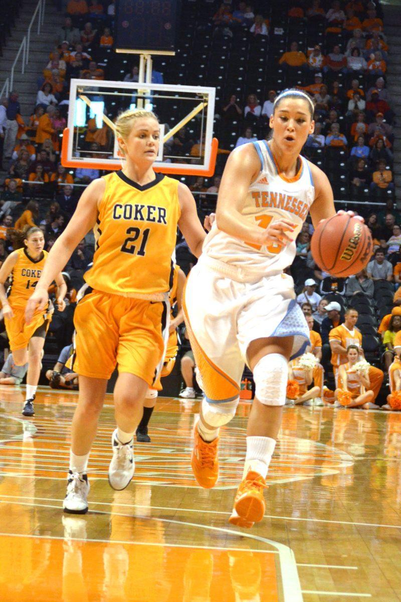 Taber Spani dribbles past a Coker defender on Nov. 4.