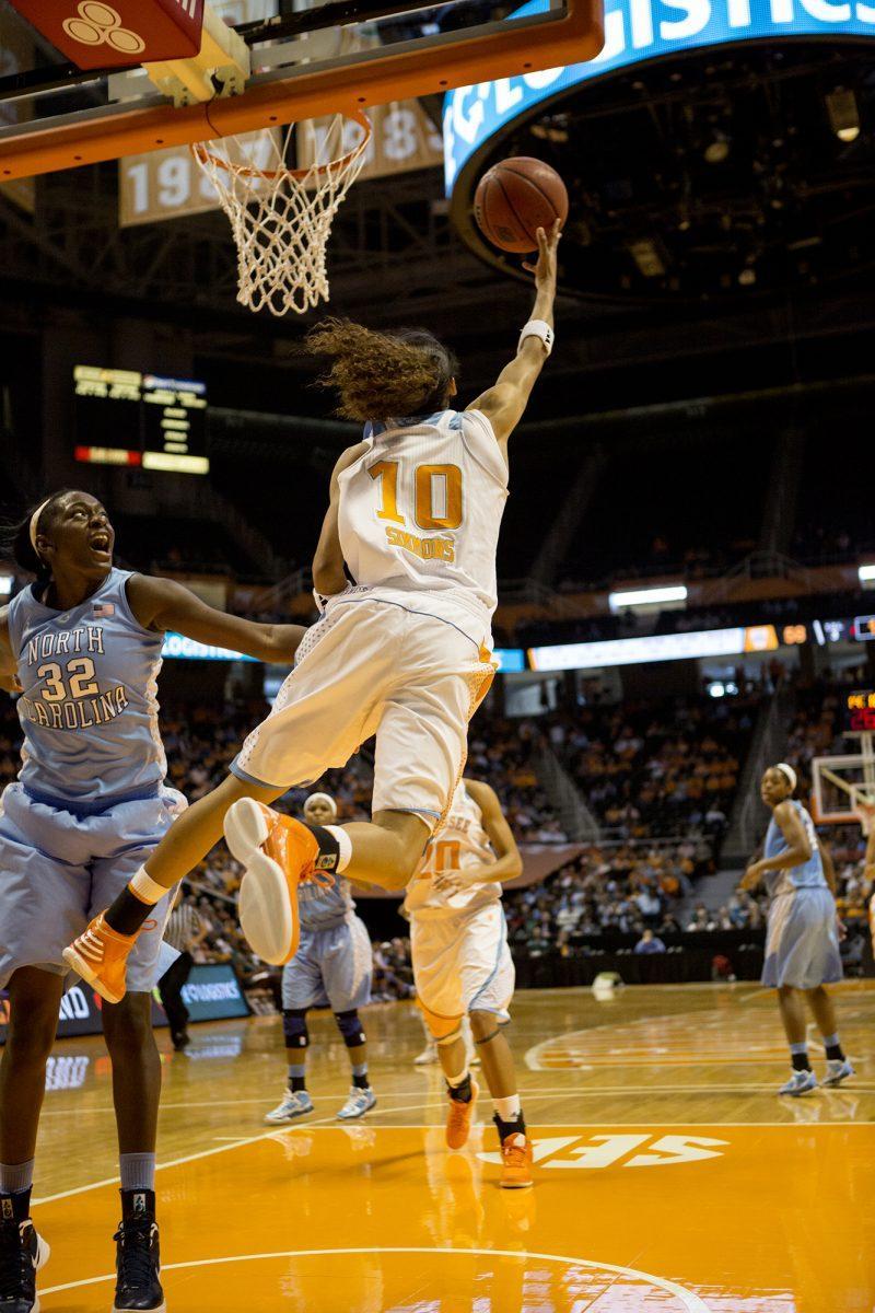 Junior guard Meighan Simmons goes for a lay-up during the Lady Vols' rout of North Carolina on Sunday. Simmons scored a game-high 33 points, including the 1,000th point of her career.