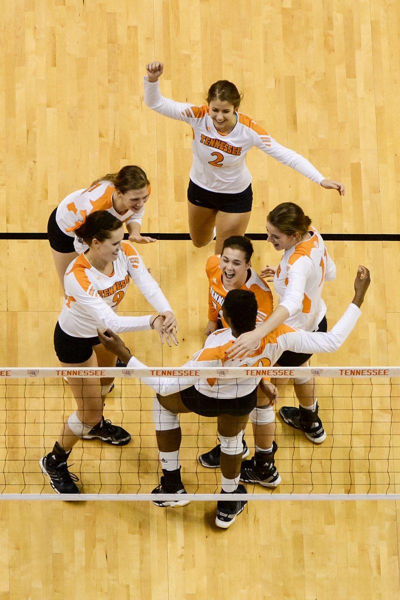 The Lady Vols celebrate during the final regular season game against Miss St. on Nov. 23.