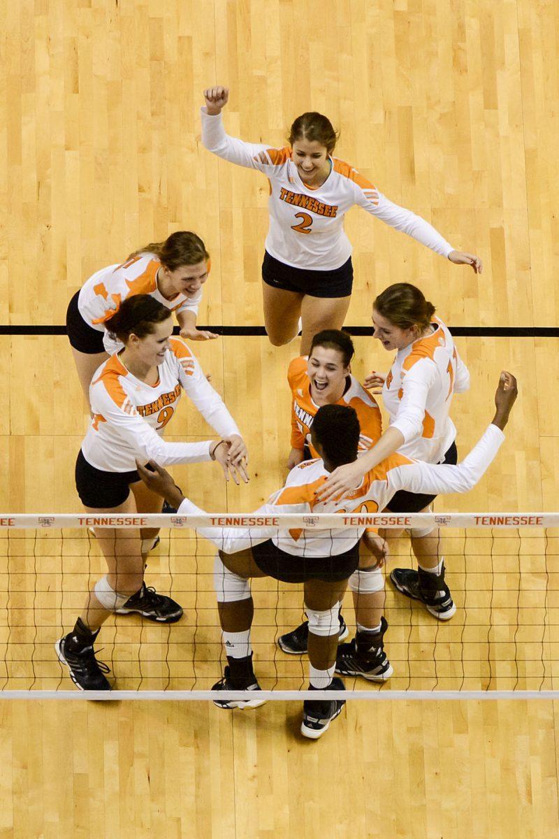 The Lady Vols celebrate during the final regular season game against Miss St. on Nov. 23.