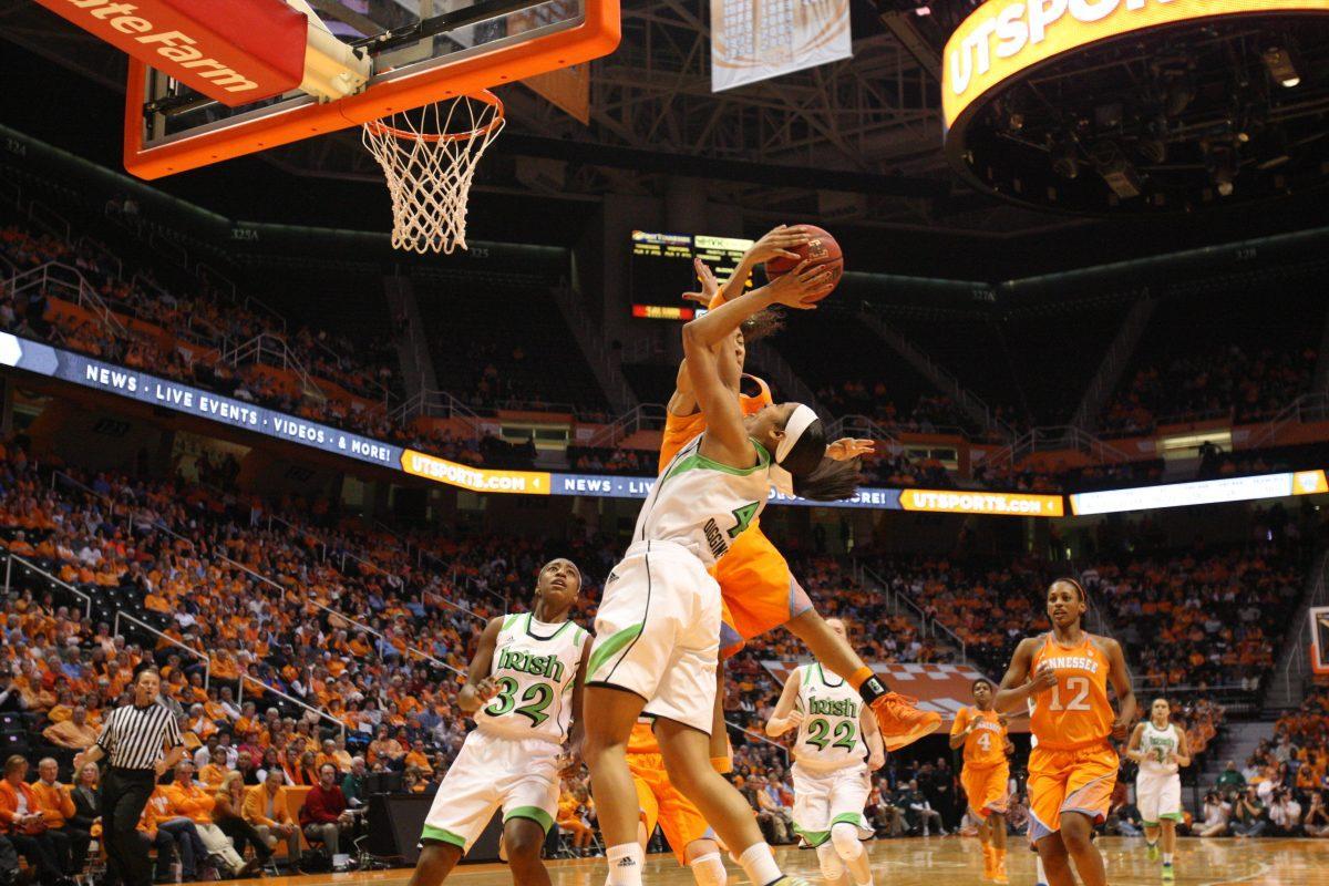 Meighan Simmons rejects a Skylar Diggins shot during the Notre Dame game.