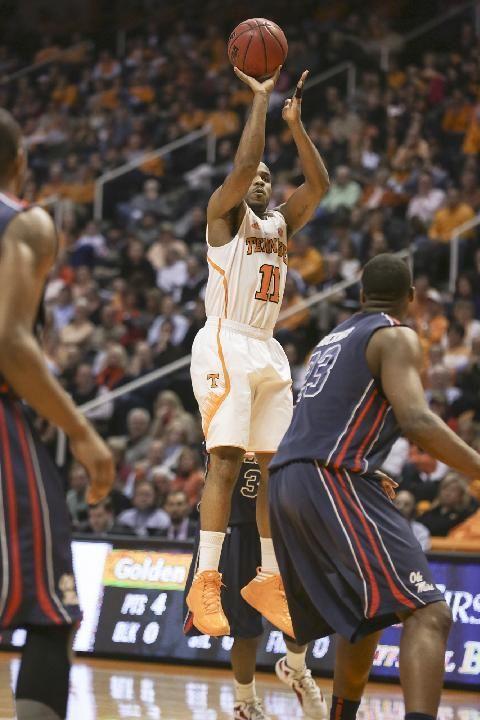 Trae Golden jumps for a shot during UT’s SEC opening loss to Ole Miss on Jan. 9.