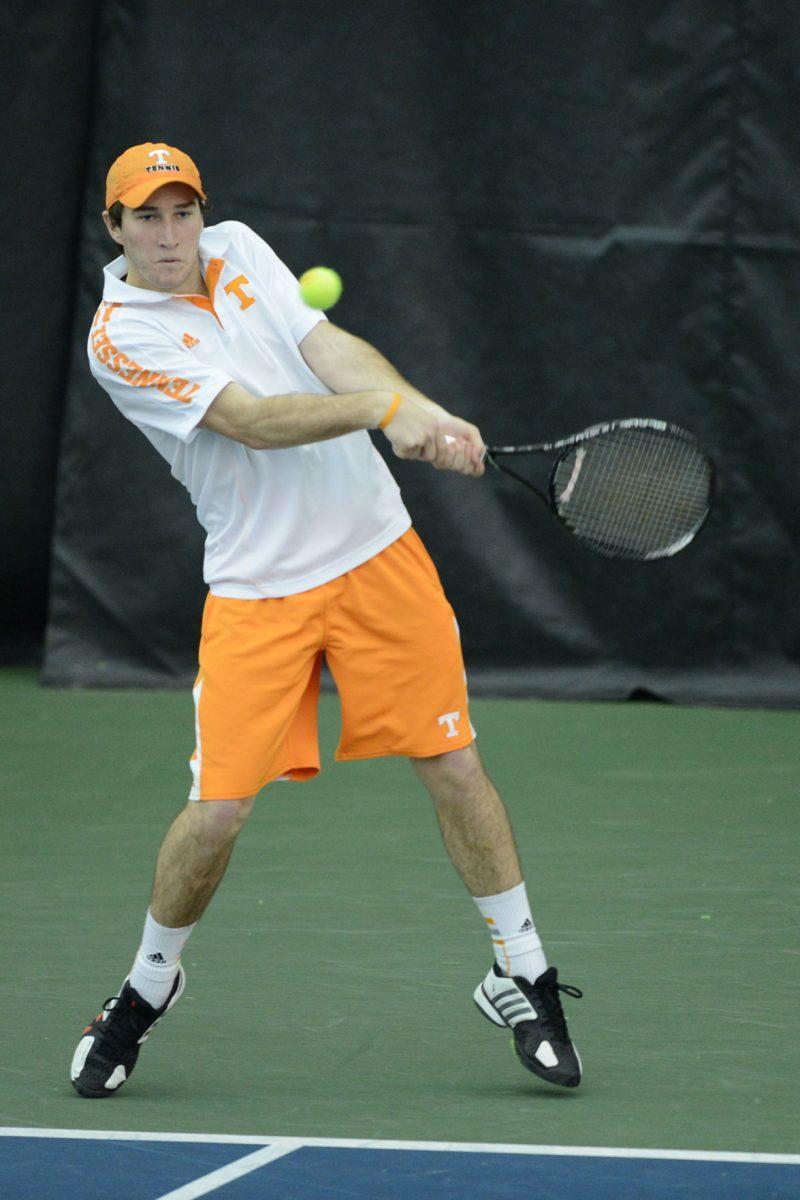 Redshirt senior Hunter Reese returns a forehand against Murray State at the Goodfriend Tennis Center on Jan. 21.