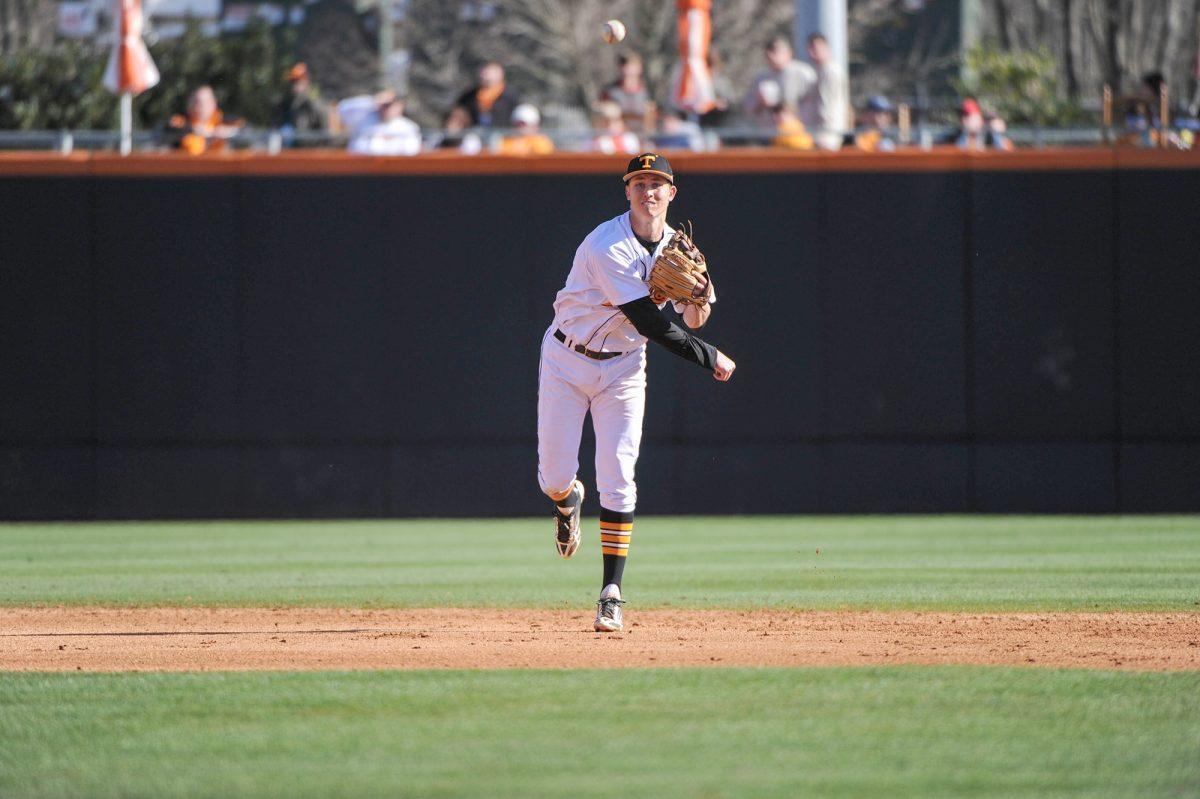 A.J. Simcox throws to first base this weekend against Arizona State.