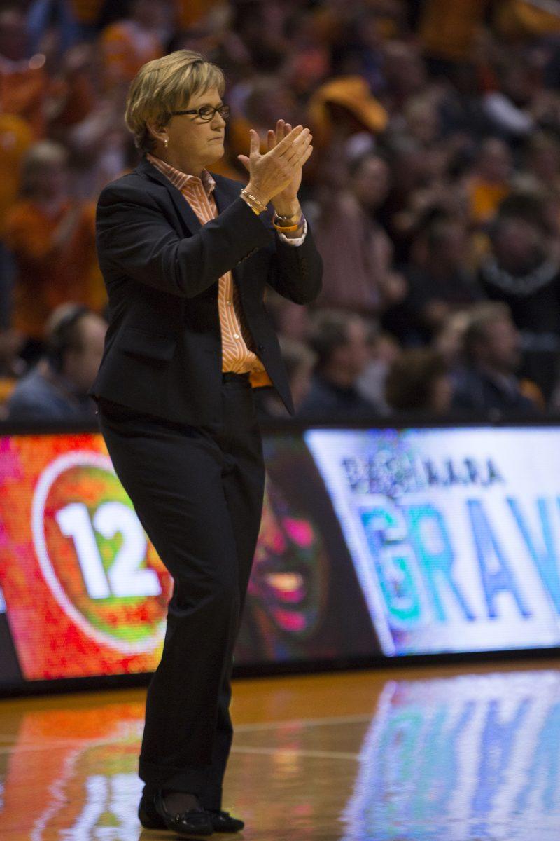 Matthew DeMaria • The Daily BeaconLady Vols head coach Holly Warlick claps for her team against Notre Dame in Thompson-Boling Arena on Jan. 28.