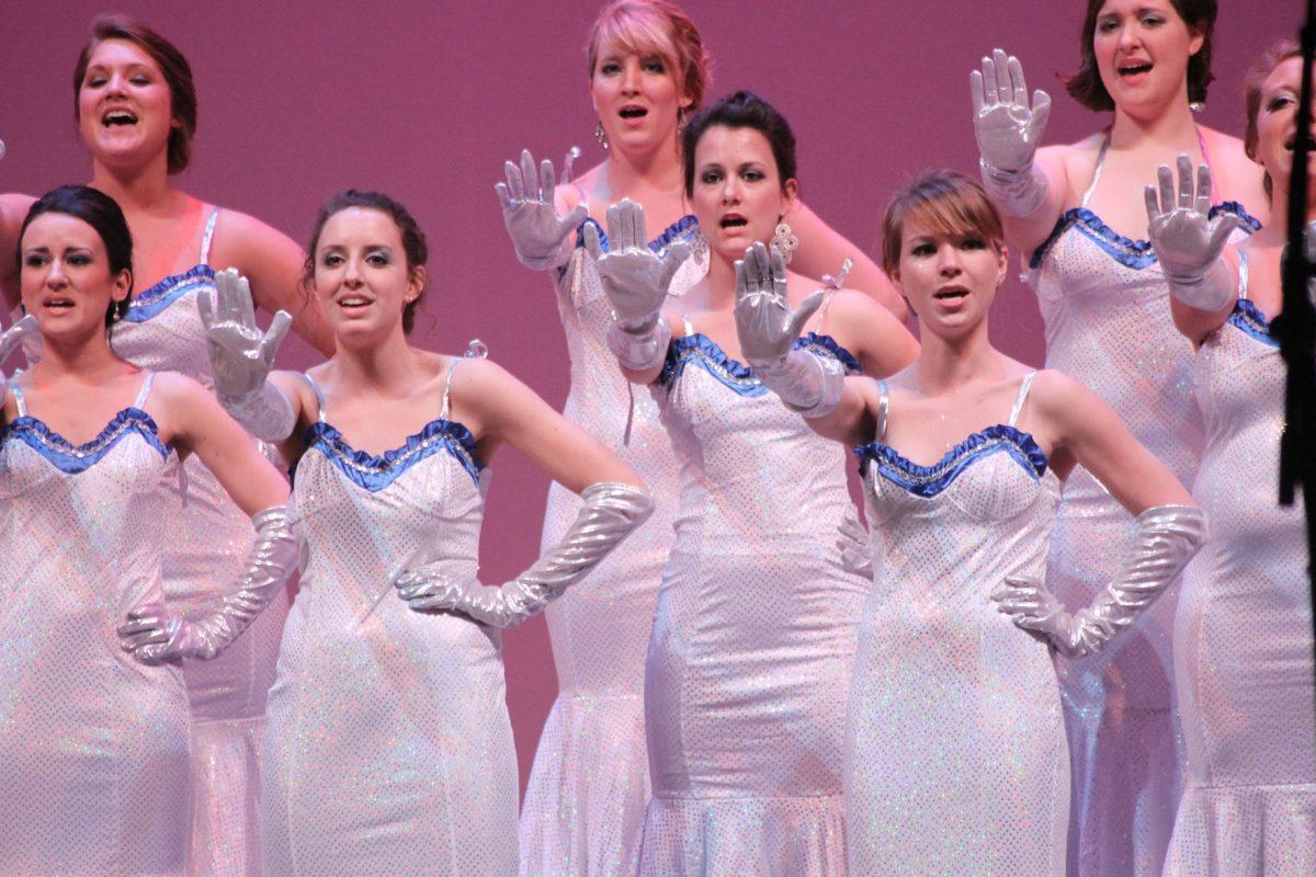 Members of Alpha Omicron Pi and Sigma Alpha Iota perform to "Dream Girls" during last years "All-Sing".