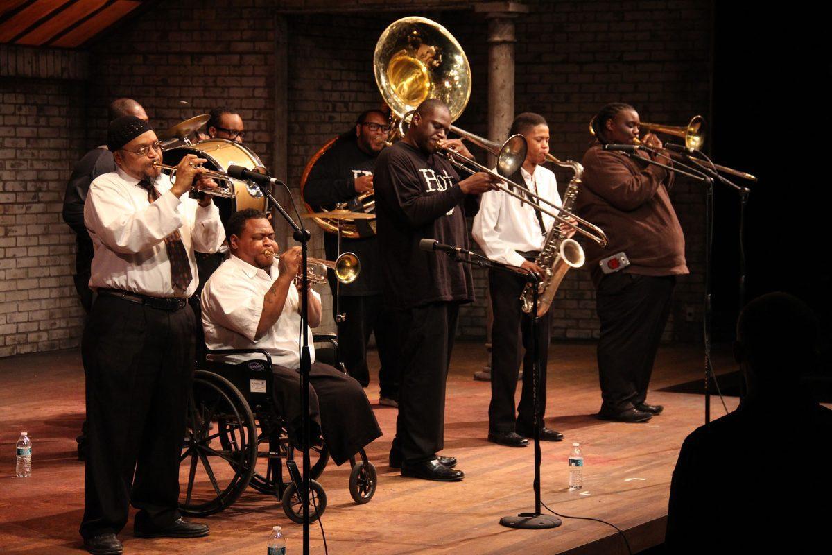 Hot 8 Brass Band, a band mixing jazz, hip hop and funk sounds, performs live at Carousel Theatre on Feb. 25.