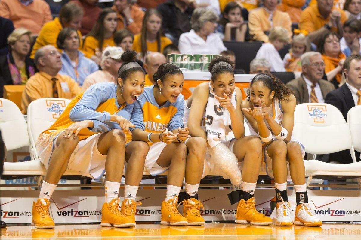 Isabelle Harrison, Andraya Carter, Cierra Burdick and Meighan Simmons laugh during the Lady Vols game against Ole Miss on Sunday.