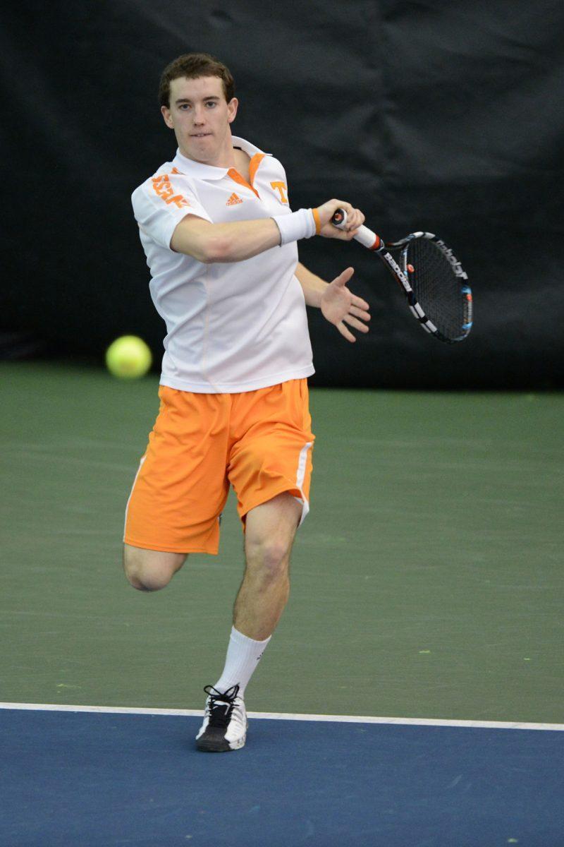 Sophomore Brandon Fickey returns a forehand against Murray State on Jan. 21.