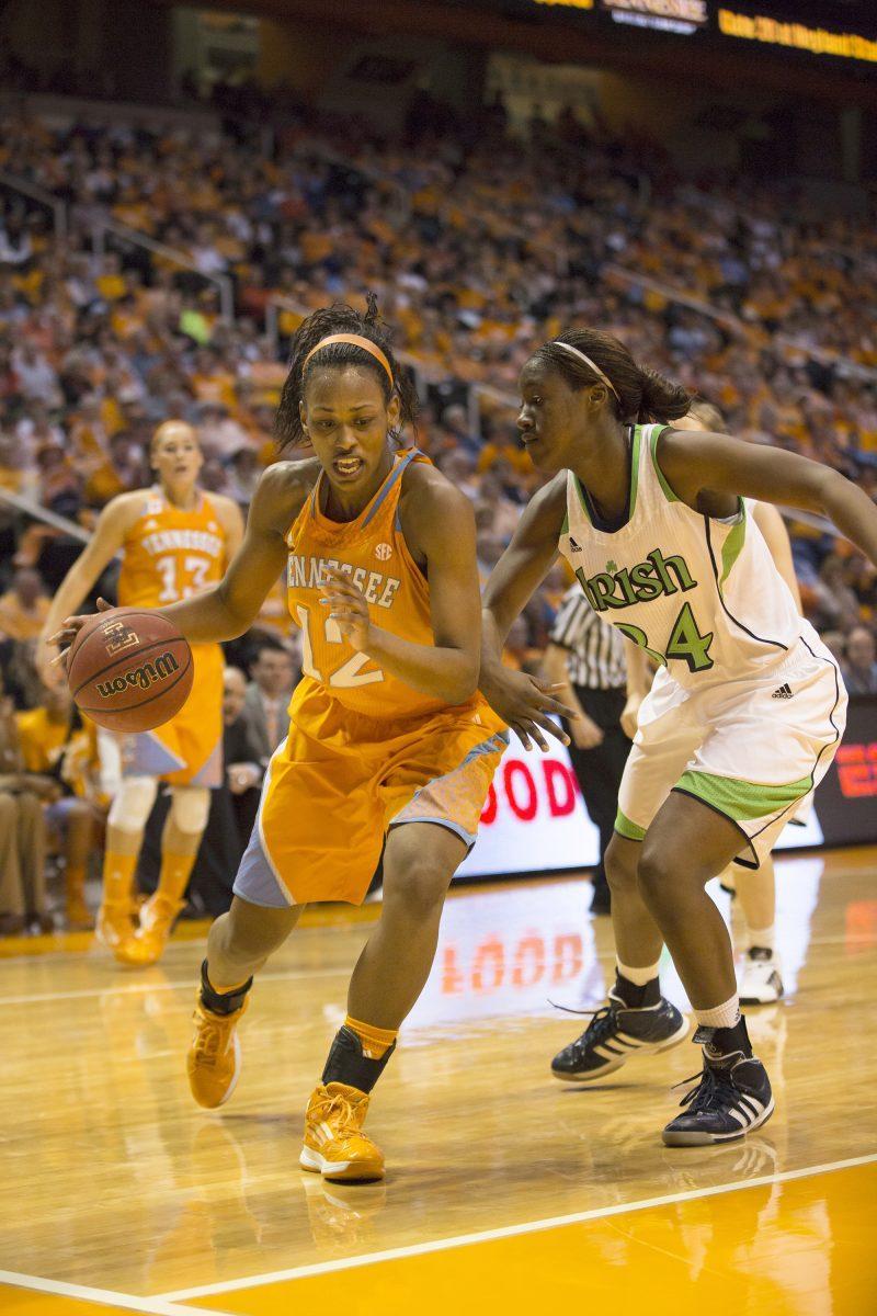 Bashaara Graves dribbles into the paint against a tough Notre Dame defense on Jan. 28.