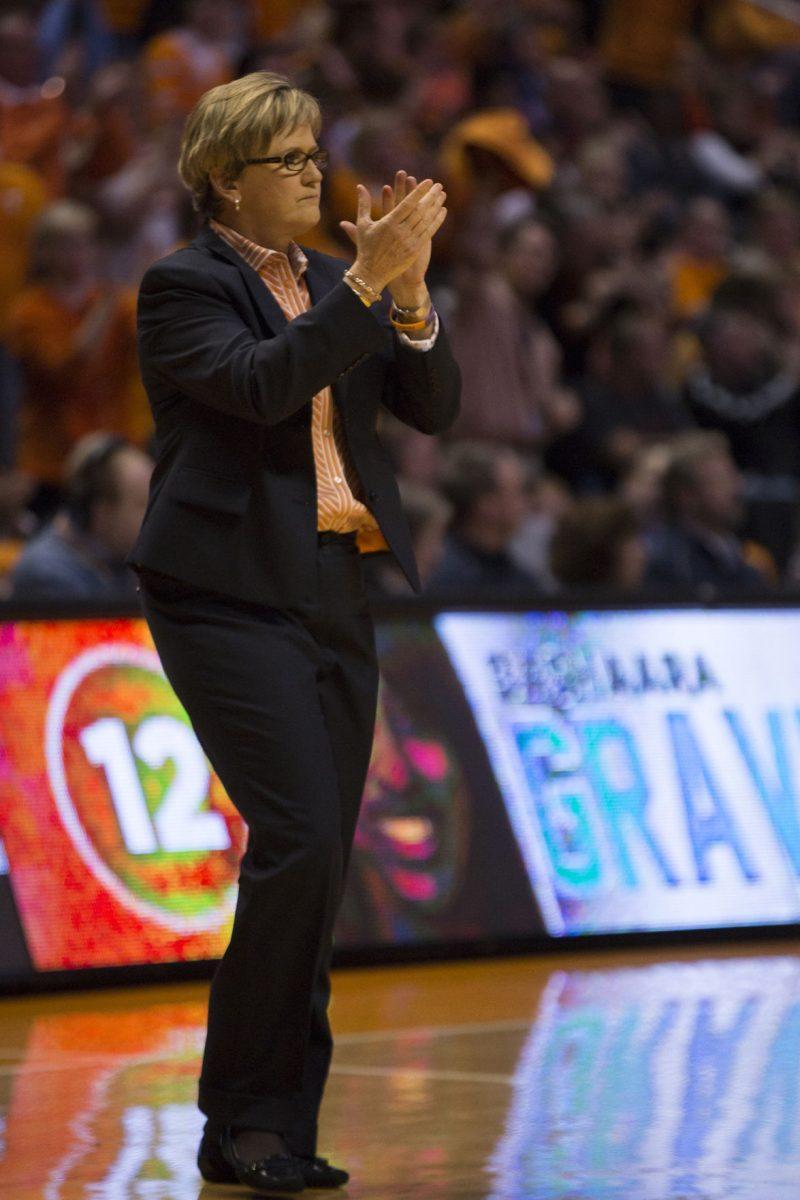 Matthew DeMaria • The Daily BeaconLady Vols head coach Holly Warlick claps for her team against Notre Dame in Thompson-Boling Arena on Jan. 28.