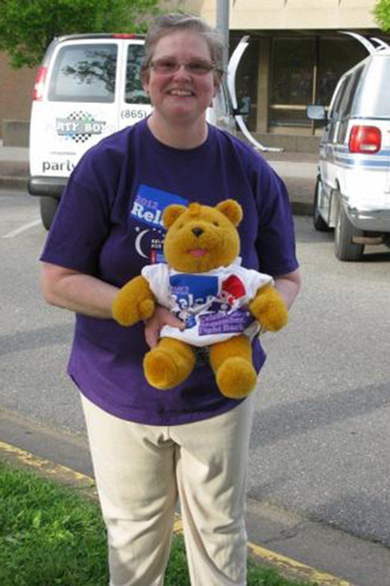Bonnie Hufford, a professor in journalism and electronic media, volunteers for UT's "Relay for Life" on May 8, 2012. Hufford was awarded by the American Cancer Society for her volunteer efforts against cancer.