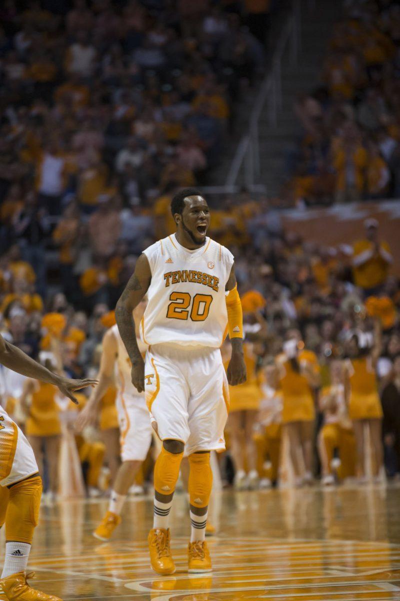 Kenny Hall celebrates during the Vols' 30-point thrashing of Kentucky. Hall scored 12 points off the bench in only 17 minutes of play.