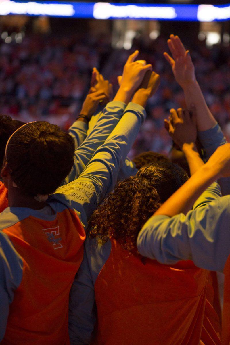 The Lady Vols get pumped in a pre-game huddle before the game against Ole Miss at Thompson-Boling Arena on Feb. 10.