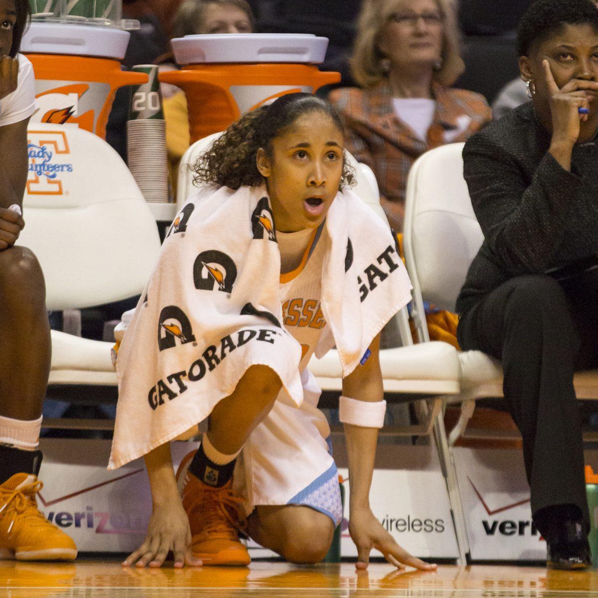 Junior Meighan Simmons watches her teammates play against Mississippi State Jan. 31. Simmons was added to the State Farm "Wade Watch" list.