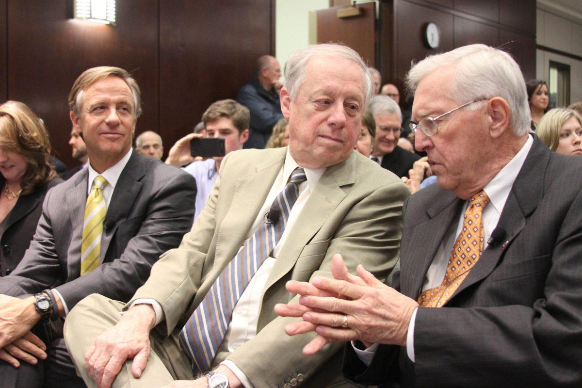 Govs. Bill Haslam, Phil Bredesen and Don Sundquist talk before the panel discussion on Thursday.