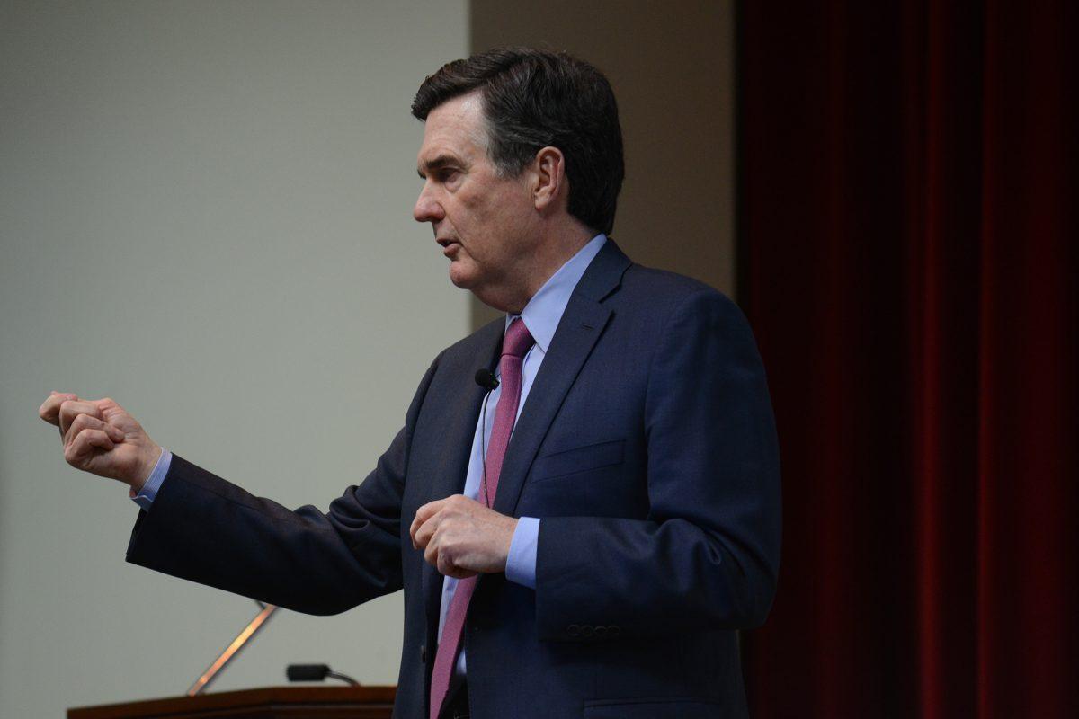 Dennis Lockhart, the president of Federal Reserve Bank of Atlanta, speaks about the Federal Bank using resources to boost the U.S economy during the economic recession in the UC Auditorium on Feb. 25.