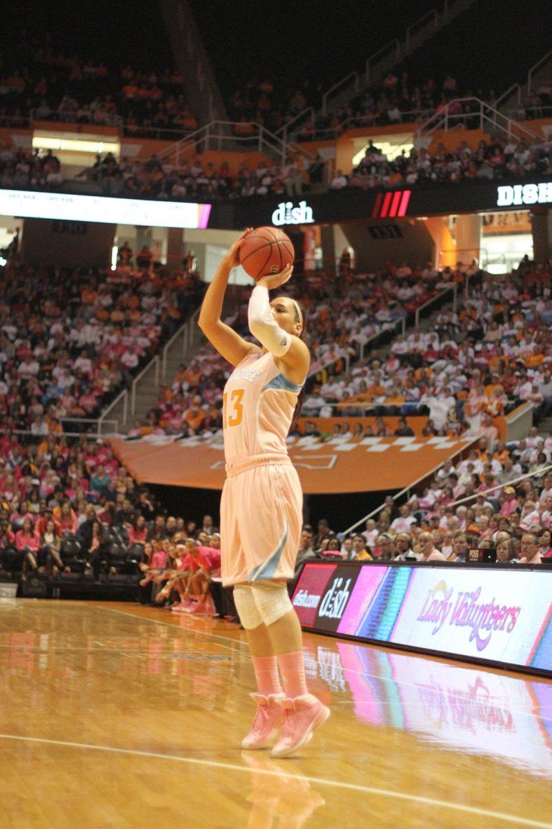 Taber Spani jumps outside the paint against Vanderbilt on Feb. 17.