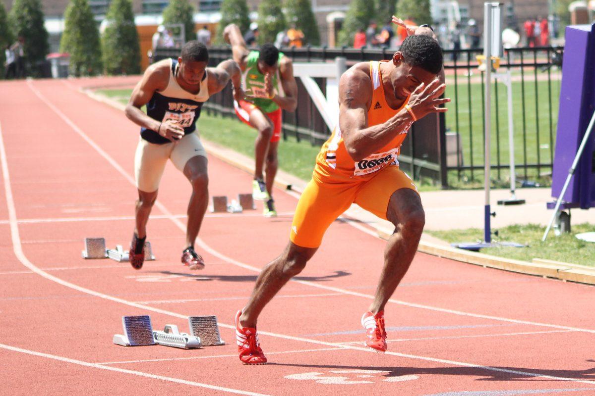 A Tennessee track and field runner sprints in r race during the Sea Relays in Tom Black Track on April 14, 2012.