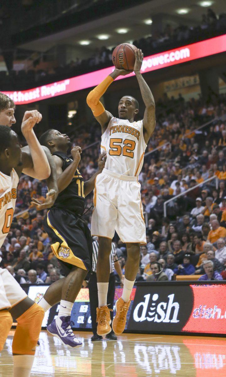Jordan McRae shoots a 3-pointer against LSU on Feb. 19.