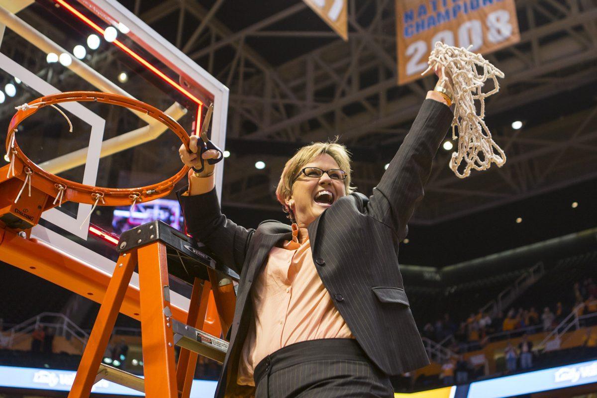 Holly Warlick celebrates her first SEC regular championship as head coach after her team won against Texas A&amp;M in Thompson-Boling Arena on Feb. 28.