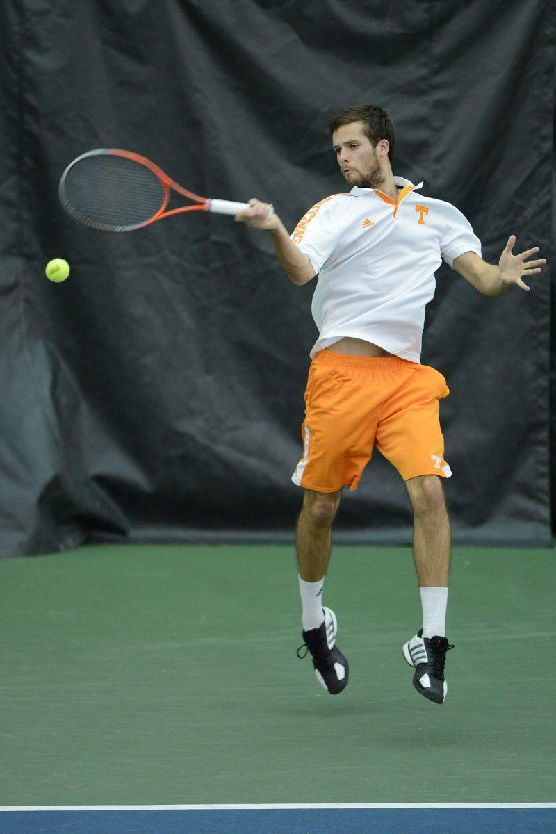 Senior Edward Jones returns a forehand against Murray State at the Goodfriend Tennis Center on Jan. 21. Men's Tennis will be heading against South Carolina at the Bakersdale Stadium on March 15.