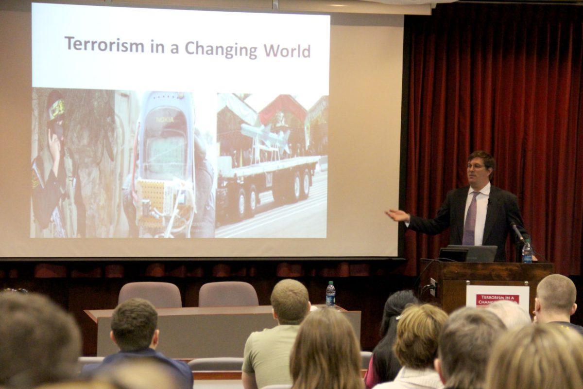 Walter Purdy of the Terrorism Research Center in Washington D.C. speaks on the changing threat of terrorism throughout elections, economic and social issues during a lecture on March 15.
