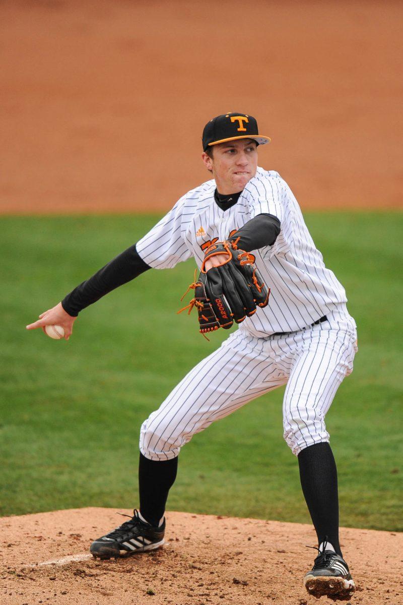 Freshmen pitcher Aaron Quillen prepares for a pitch against Arizona State at Lindsey Nelson Stadium on Feb. 24.
