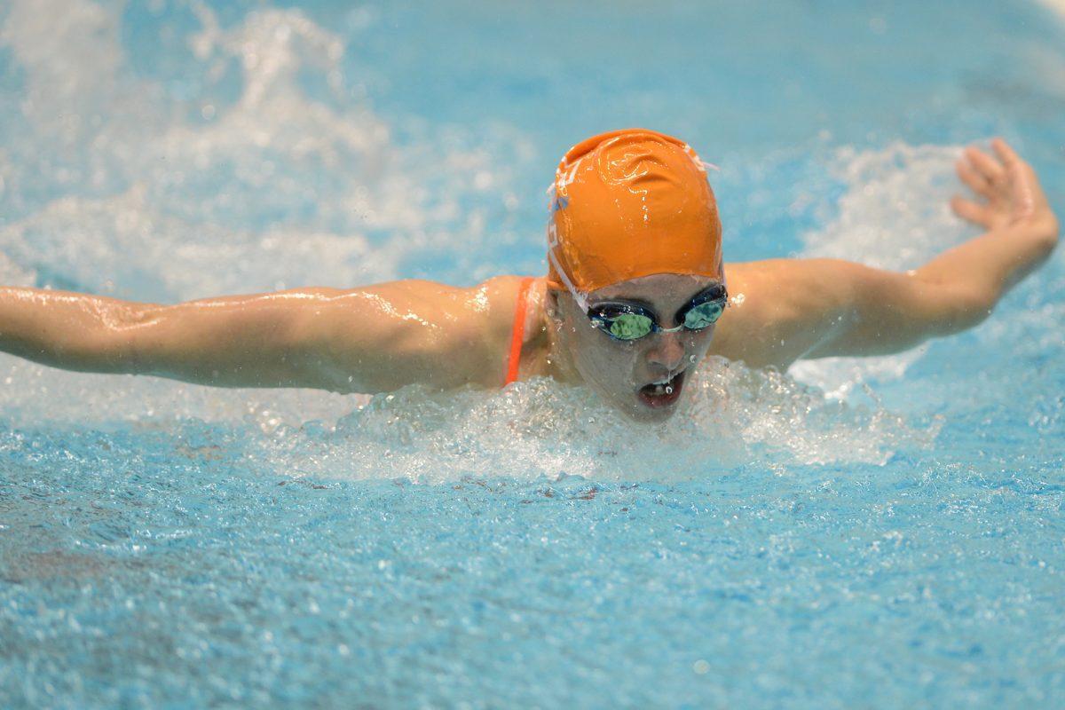 Heather Kiger competes in the fly against the Vanderbilt Commodores in Allan Jones Intercollegiate Aquatic Center on Jan. 31.