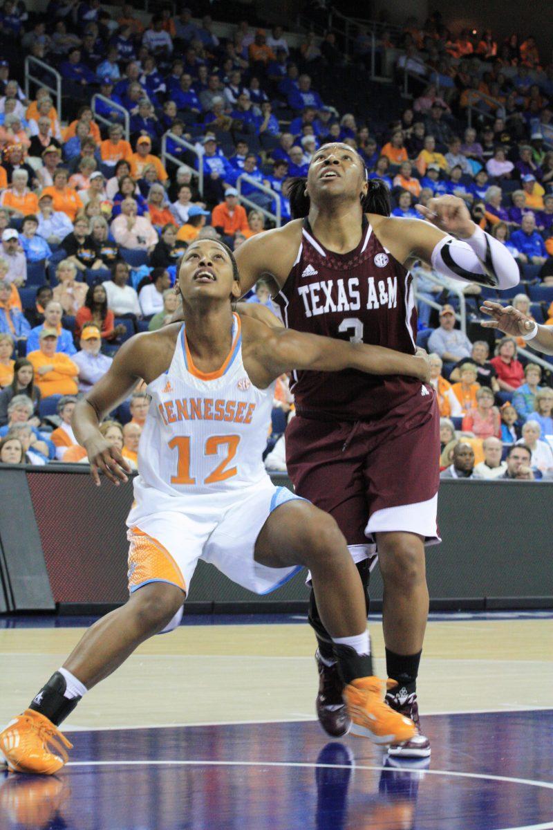 Freshman center Bashaara Graves boxes out junior center Kelsey Bone during the SEC Women's Tournament Semifinals loss. Graves was held to only four points and five rebounds in the loss.