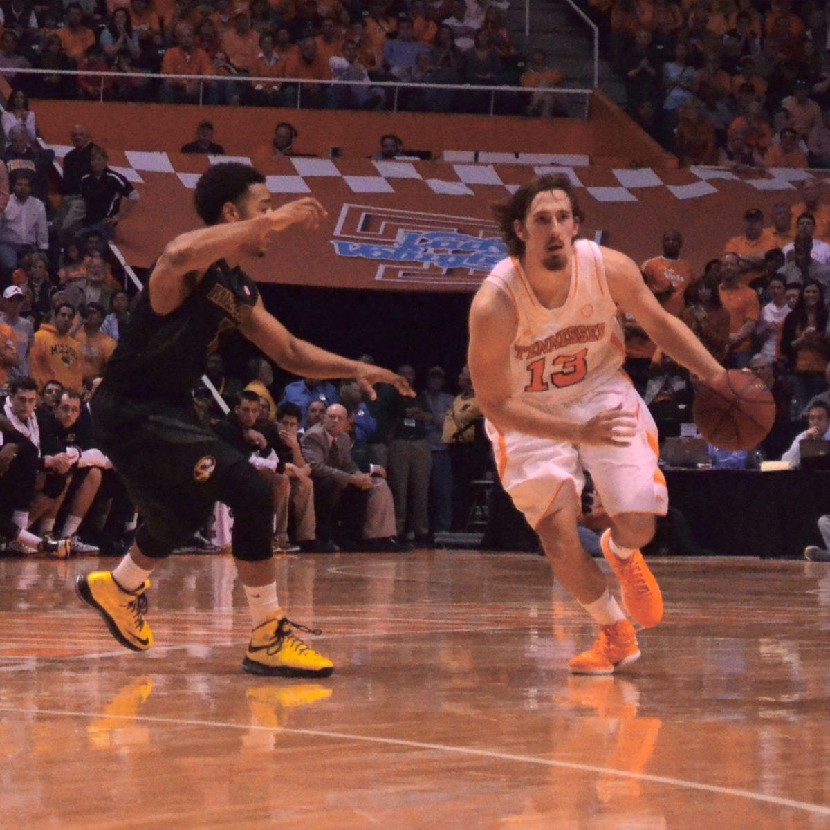 Senior Skylar McBee drives down the court against Missouri in Thompson-Boling Arena on March 9.