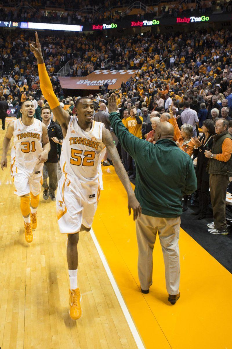 Junior guard Jordan McRae celebrates the win against Florida in Thompson-Boling Arena on Feb. 26.