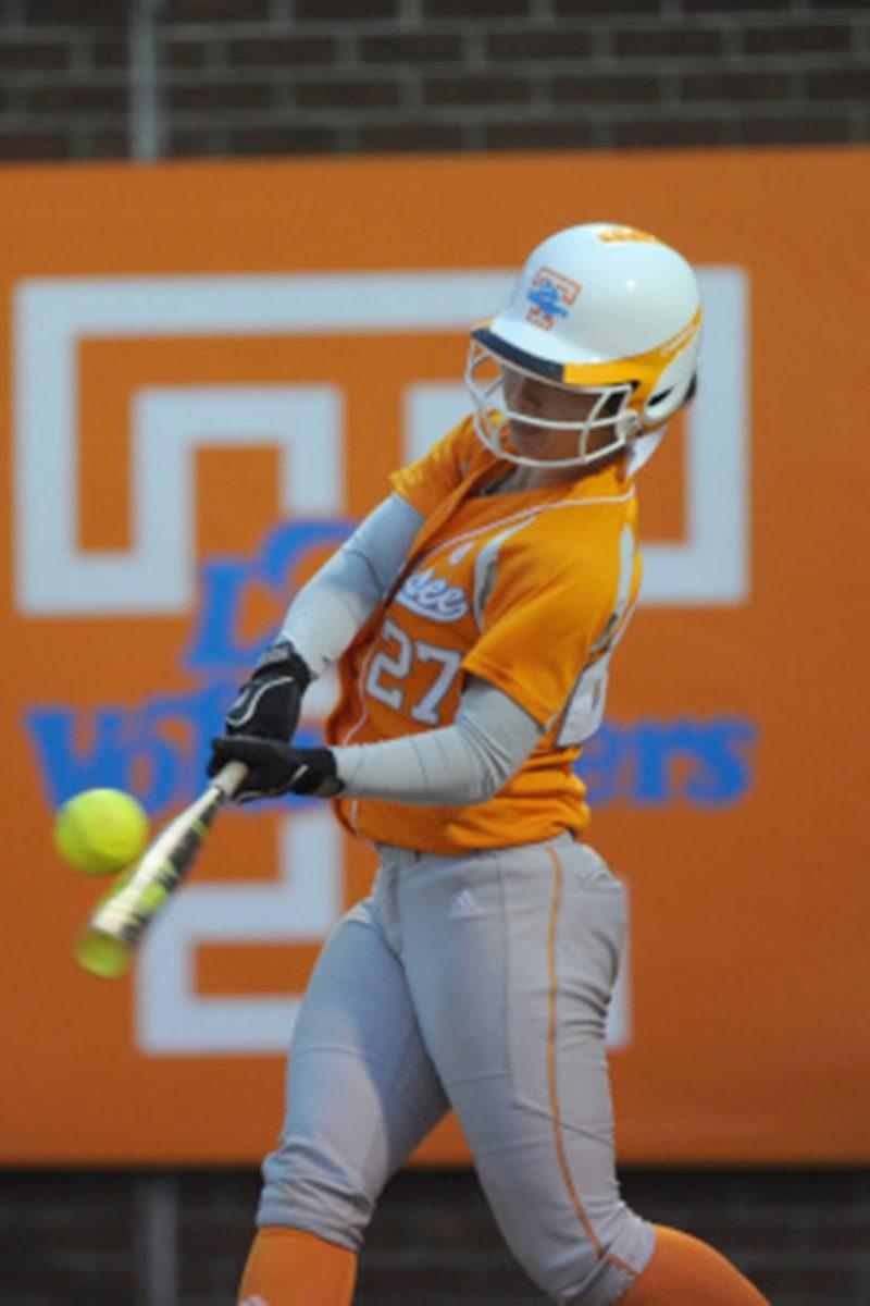 Senior infielder Melissa Brown smacks the ball against Alabama Crimson Tide at Lee Stadium on March 10.