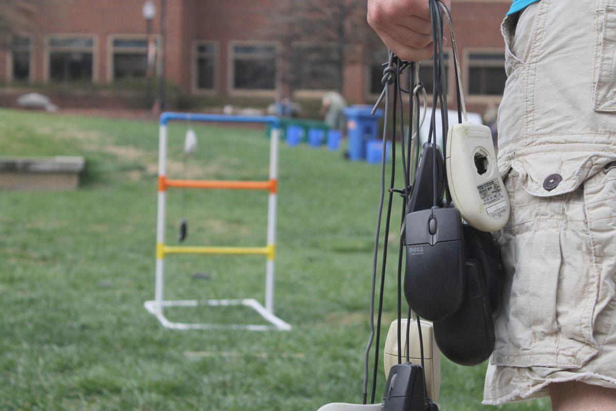 A student prepares for the mouse toss during last year's recyclemania.