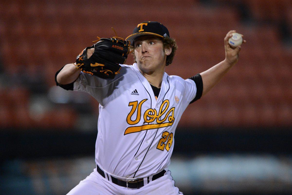 Freshman Drake Owenby follows through on his wind-up against the Western Kentucky Hilltoppers at Lindsey Nelson Stadium on March 12.