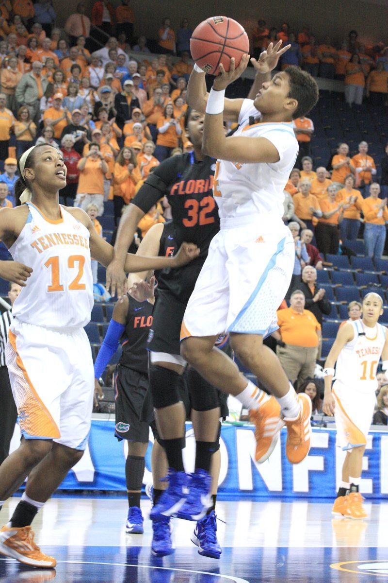 Senior guard Kamiko Williams jumps for a shot against Florida during the 2013 Sec Tournament at The Arena at Gwinnett Center in Duluth, GA on March 8.