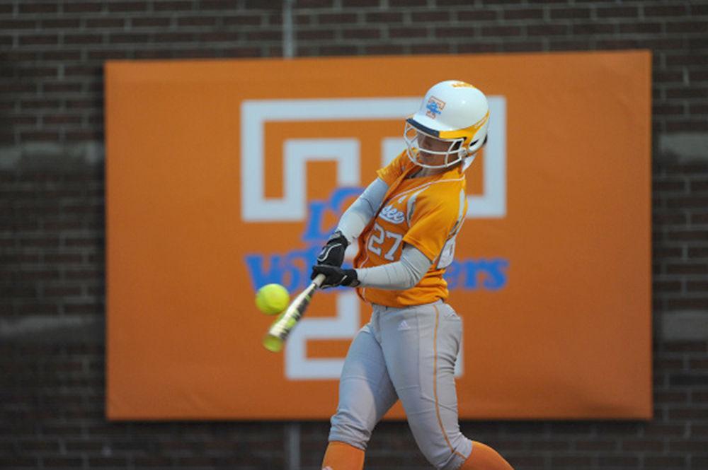 Lauren Gibson makes contact with a fast ball down the middle during the Lipscomb game on March 11.