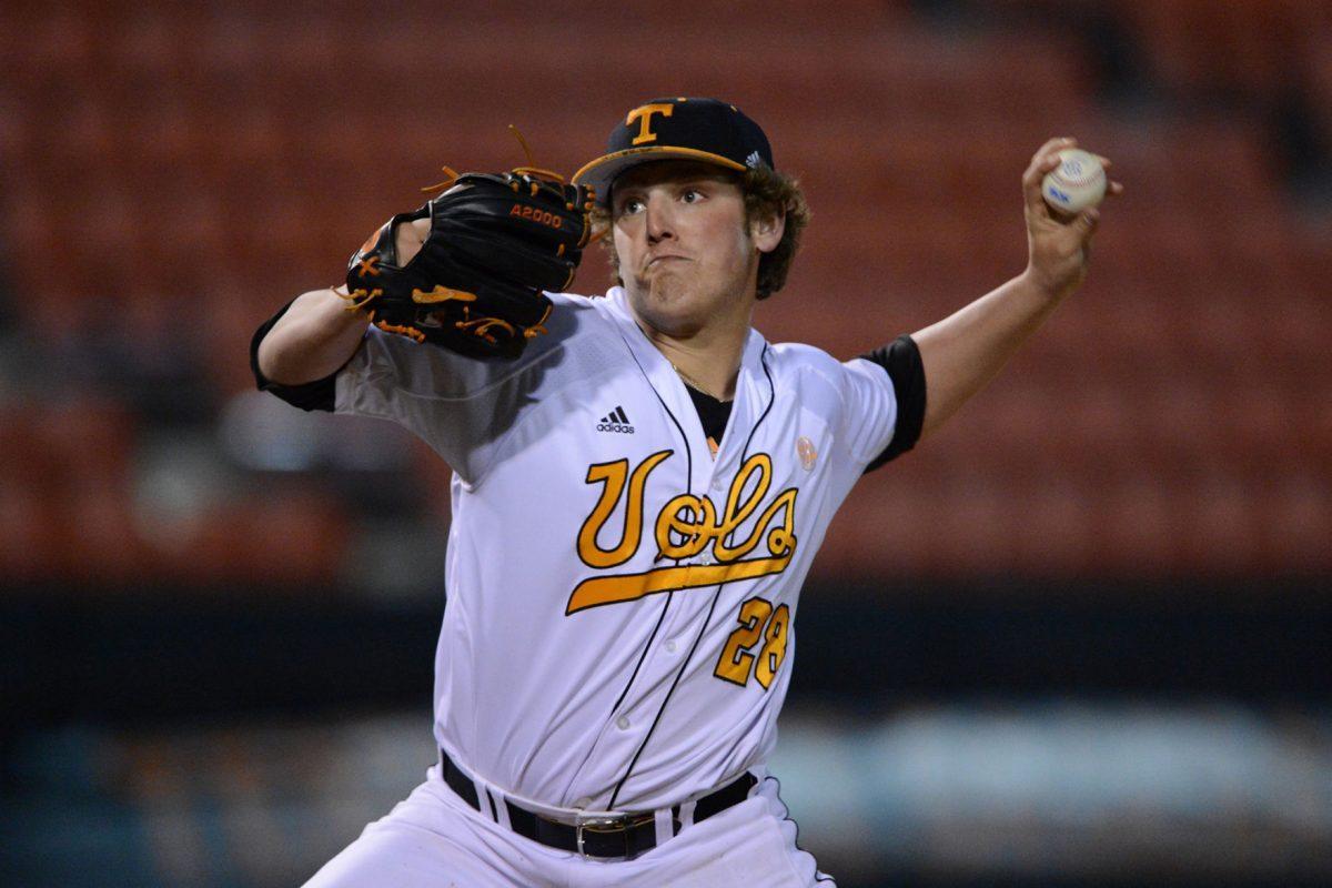 Freshman Drake Owenby follows through on his wind-up against the Western Kentucky Hilltoppers at Lindsey Nelson Stadium on March 12.