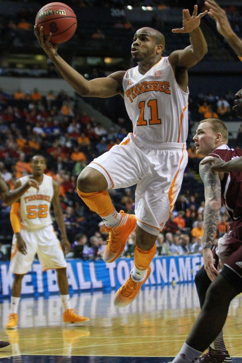 Trae Golden goes for a layup against Mississippi State during the 2013 SEC Tournament at the Bridgestone Arena in Nashville on March 14. Golden scored in double-figures for the 18th time this season.