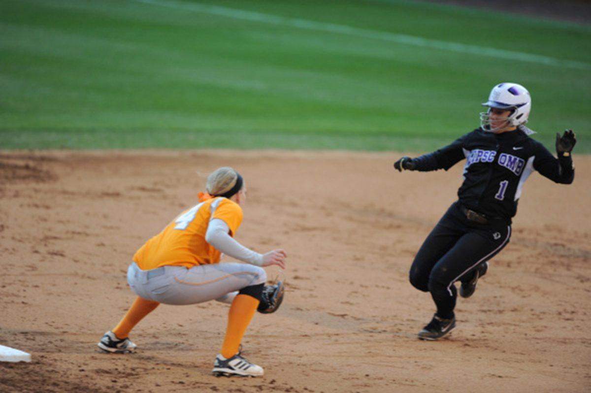 Madision Shipman prepares to tag out an advancing base runner during the Lipscomb game on March 11.