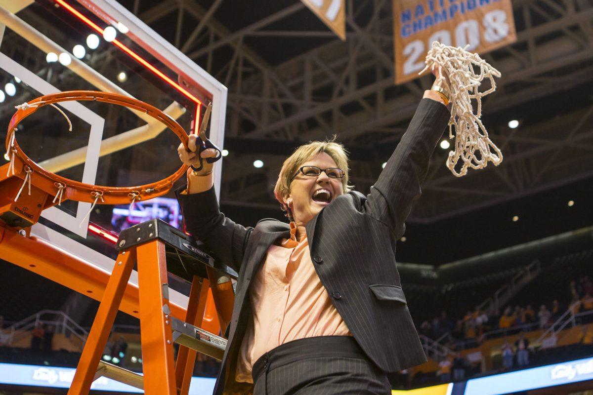 Holly Warlick celebrates her first SEC regular championship as head coach after her team won against Texas A&amp;M in Thompson-Boling Arena on Feb. 28.