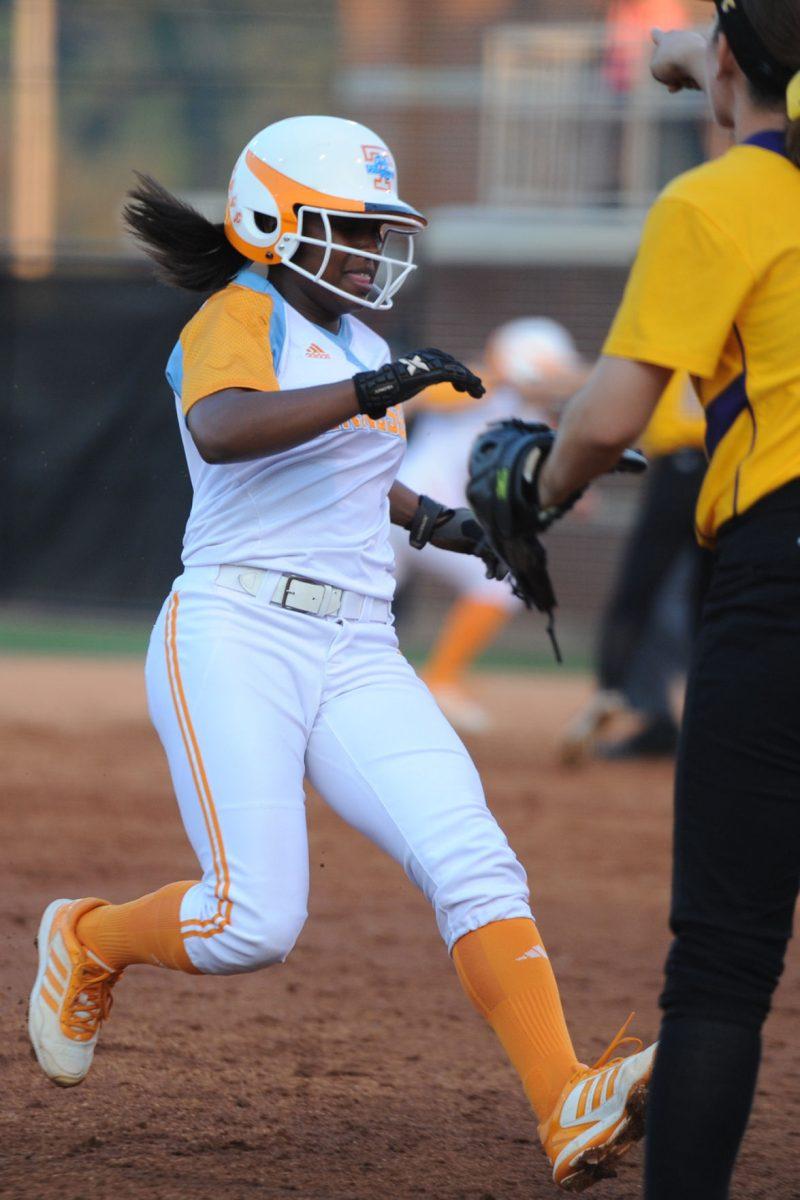 Jennifer Burroughs hustles to a base in a match against the Tennessee Tech Eagles on April 10.