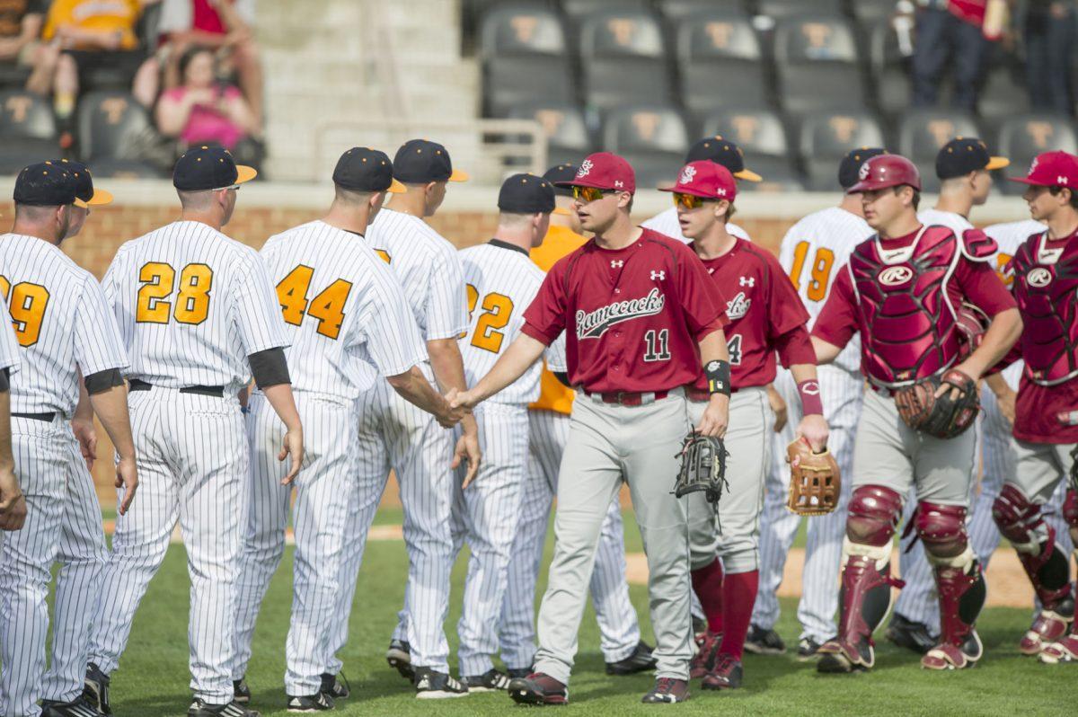 The Tennessee Volunteers shake hands with the South Carolina Gamecocks after their game on Sunday. The Vols play against ETSU on Tuesday.