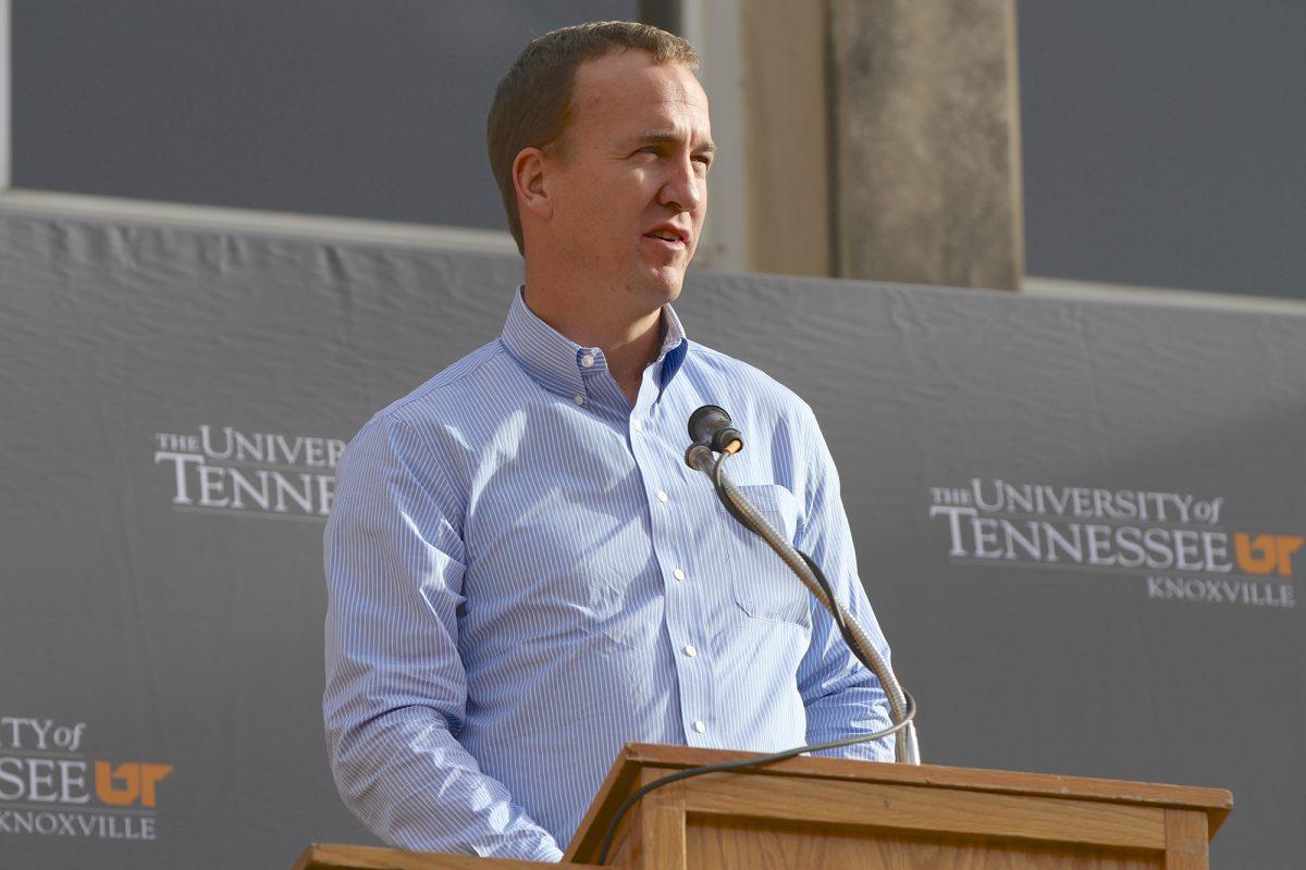 Peyton Manning addresses the crowd during the dedication of Peyton Manning Pass in October, 2013.