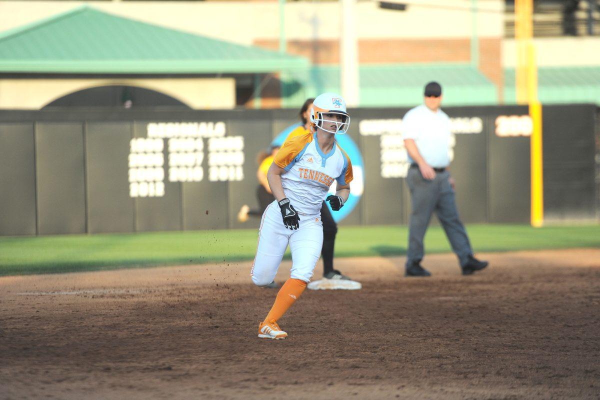Lauren Gibson runs the bases during the Tennessee State University game on April 10.