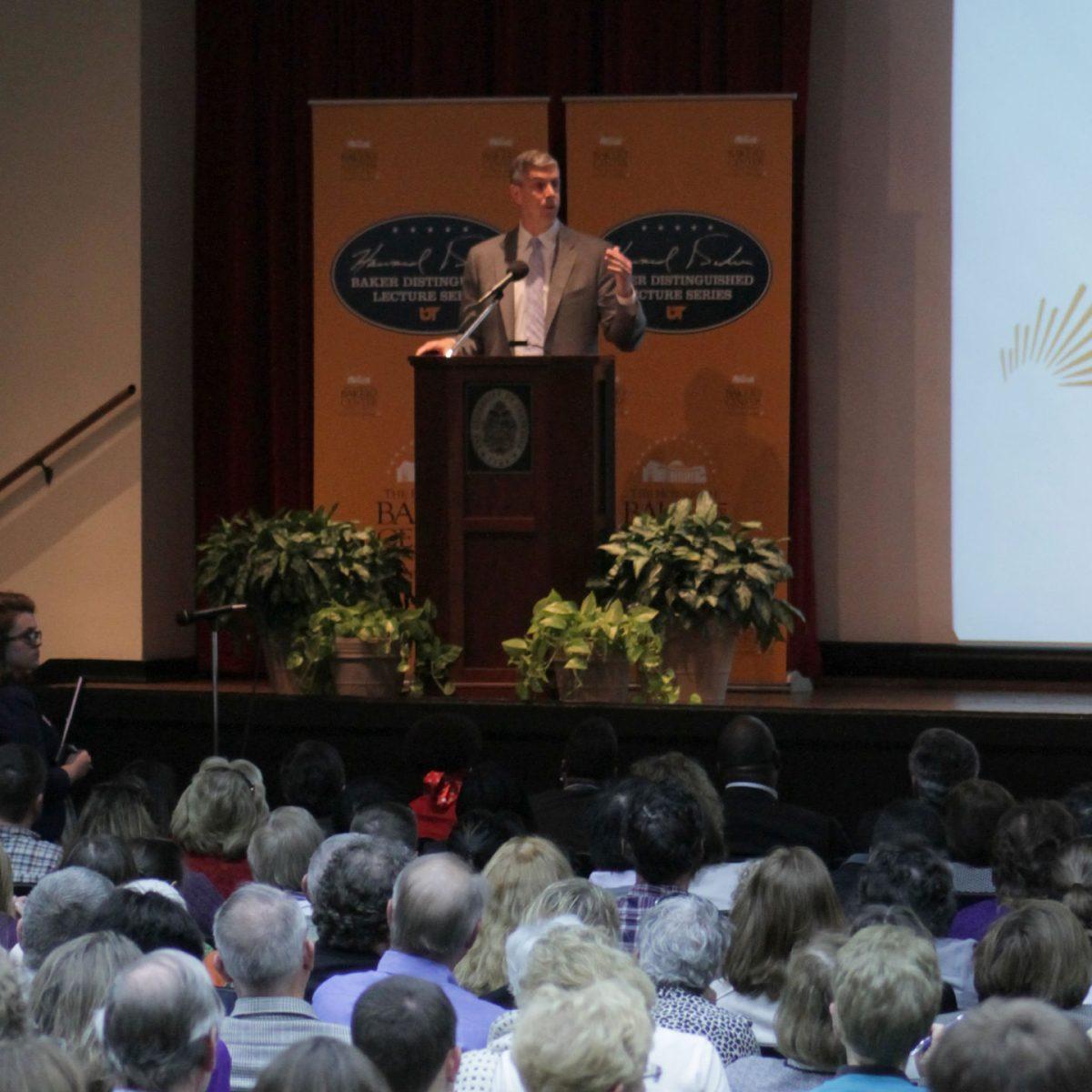 Arne Duncan, U.S. Secretary of Education, speaks to the crowd during a Baker Distinguished Lecture Series on Wednesday.