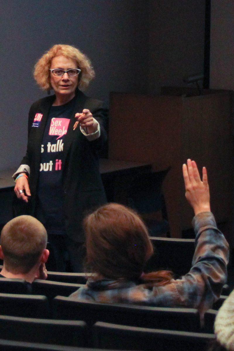 Dr. Lynn Sacco, UT professor in history, calls on a student during a discussion on the topic "From a Rocky Bottom to a Rocky Top" at 4 p.m. in Hodges Auditorium on April 10.