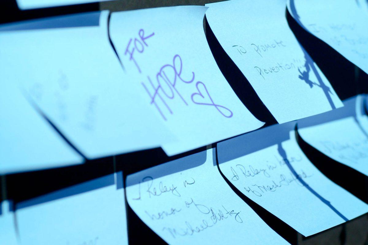 Students show support on post-it notes on Relay for Life's 'Wall of Hope' on the pedestrian walkway on Feb. 14.
