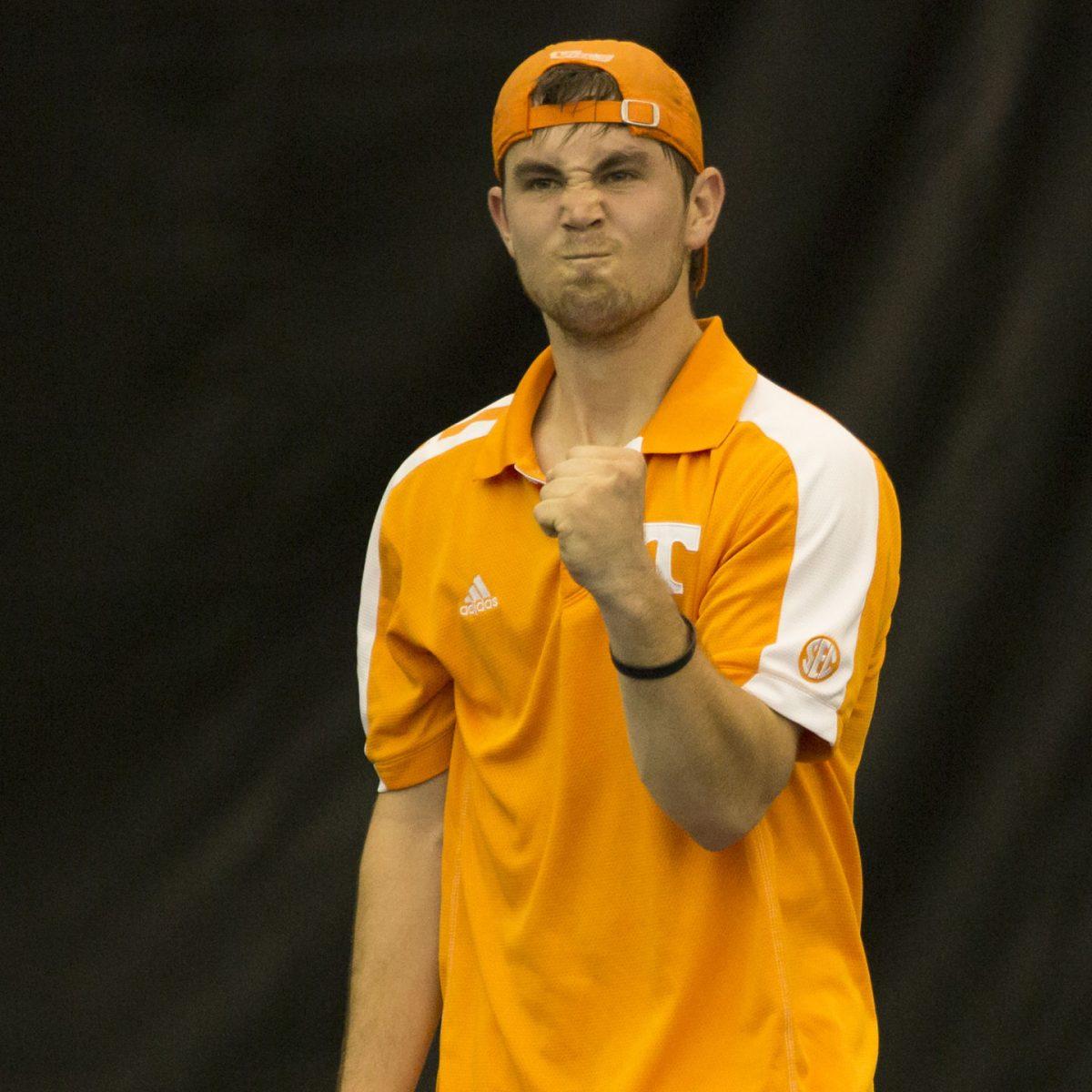 Senior Taylor Patrick celebrates after scoring in a match against Vanderbilt in the Goodfriend Tennis Center on March 24. Men's tennis team plays Alabama at 2 p.m. on at the Goodfriend Tennis Center on April 12.